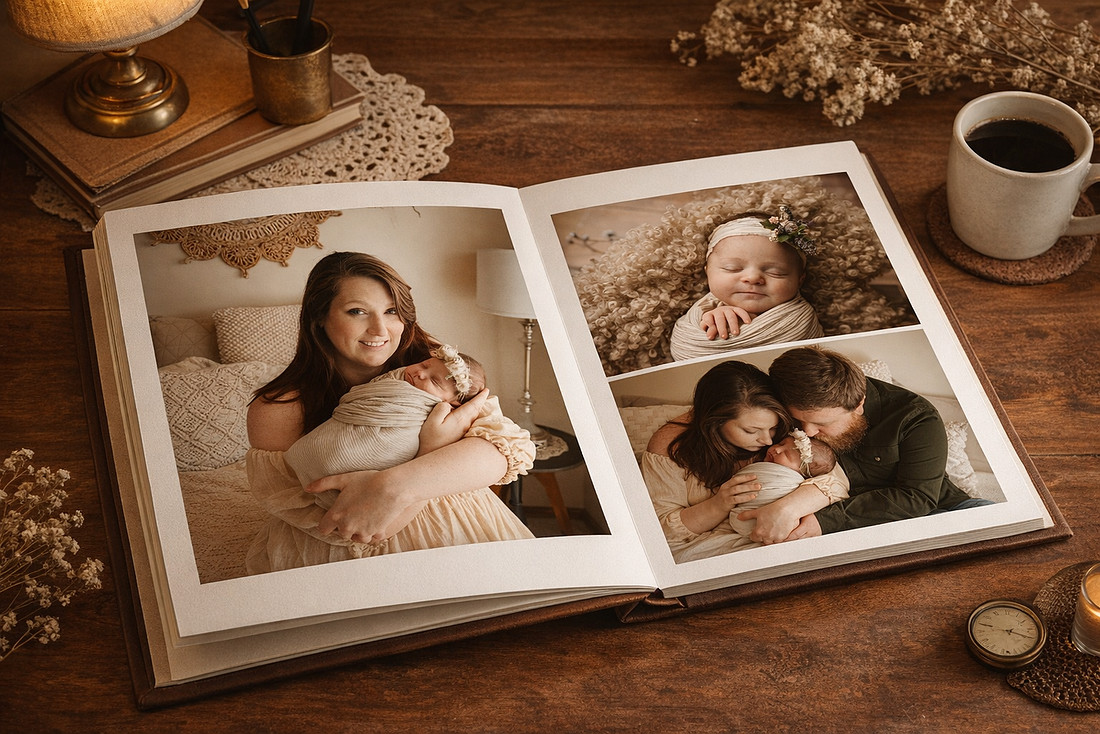 newborn photography album featuring mother holding swaddled baby and family portraits displayed in heirloom photo book Sioux Falls newborn photographer