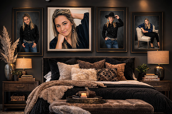Senior girl bedroom. senior girl portrait images hung in the home