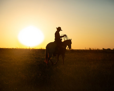 cowboy riding horse silhouette during golden hour sunset in South Dakota prairie field near Sioux Falls western lifestyle and senior photography